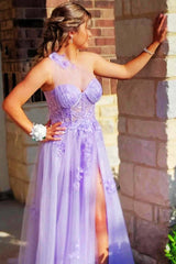 Flowers Lilac 2024 Prom Dresses Lace One Shoulder Applique Sweetheart with Split