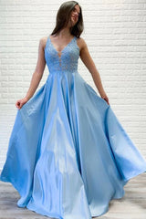 Aimishang A-line Evening Dresses V Neck Lace Long Prom Dresses Blue Satin Open Back