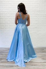 Aimishang A-line Evening Dresses V Neck Lace Long Prom Dresses Blue Satin Open Back