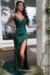 Forest Green Spaghetti Strap Pleating Sheath Silt Prom Dresses, CP0700