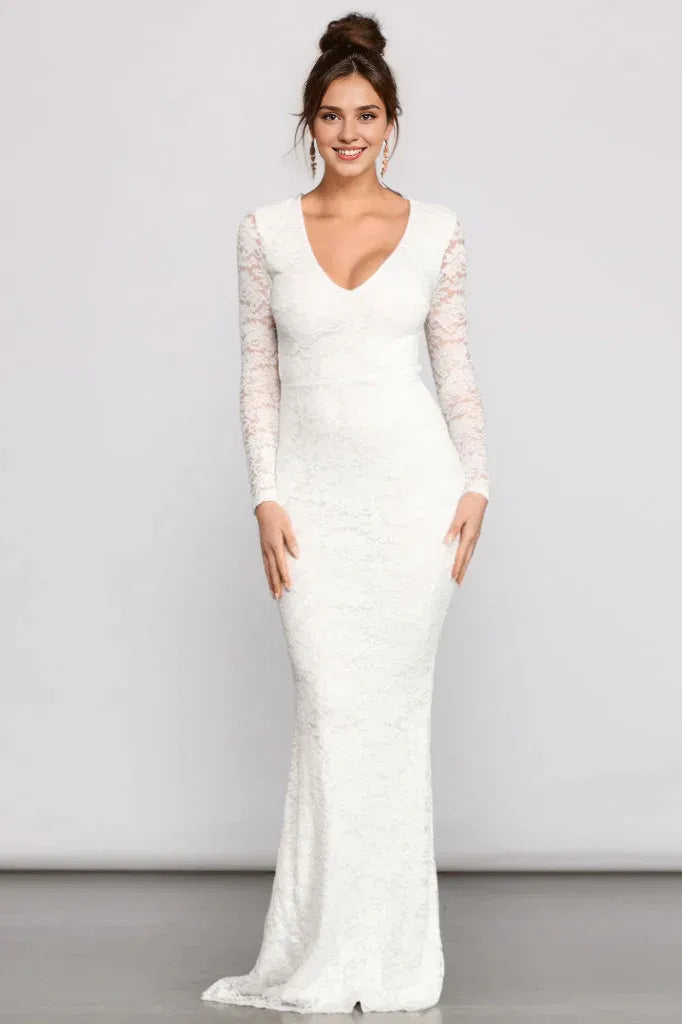 Weitese Formal Wear Dresses Long Sleeves Lace V Neck Formal Dress Floor Length Wedding Dress Prom Dress Shops
