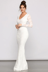 Weitese Formal Wear Dresses Long Sleeves Lace V Neck Formal Dress Floor Length Wedding Dress Prom Dress Shops