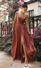 Formal Sage Dresses V Neck Spaghetti Strap Long Satin A-Line Prom Gown Bridesmaid Dress Plus Size Dress Formal / Formal Wear Dresses