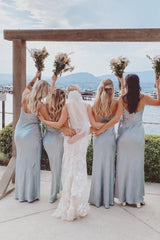 Formal Wear Dresses/Cowl Neck Light Blue Satin Fitted Long Bridesmaid Dress