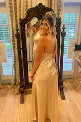 Formal Wear Dresses/Halter Champagne Silk Long Bridesmaid Dress