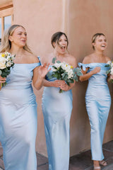 Formal Wear Dresses/Off the Shoulder Light Blue Sheath Bridesmaid Dress