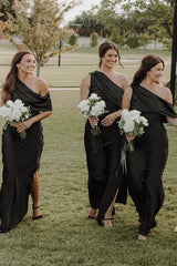 Formal Women's Dresses/Asymmetrical Ruffle Slit Black Bridesmaid Dresses with One Shoulder