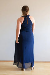 Formal Women's Dresses/Black Hight Neck Chiffon Midi Bridesmaid Dress