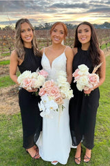 Formal Women's Dresses/Black Hight Neck Chiffon Midi Bridesmaid Dress