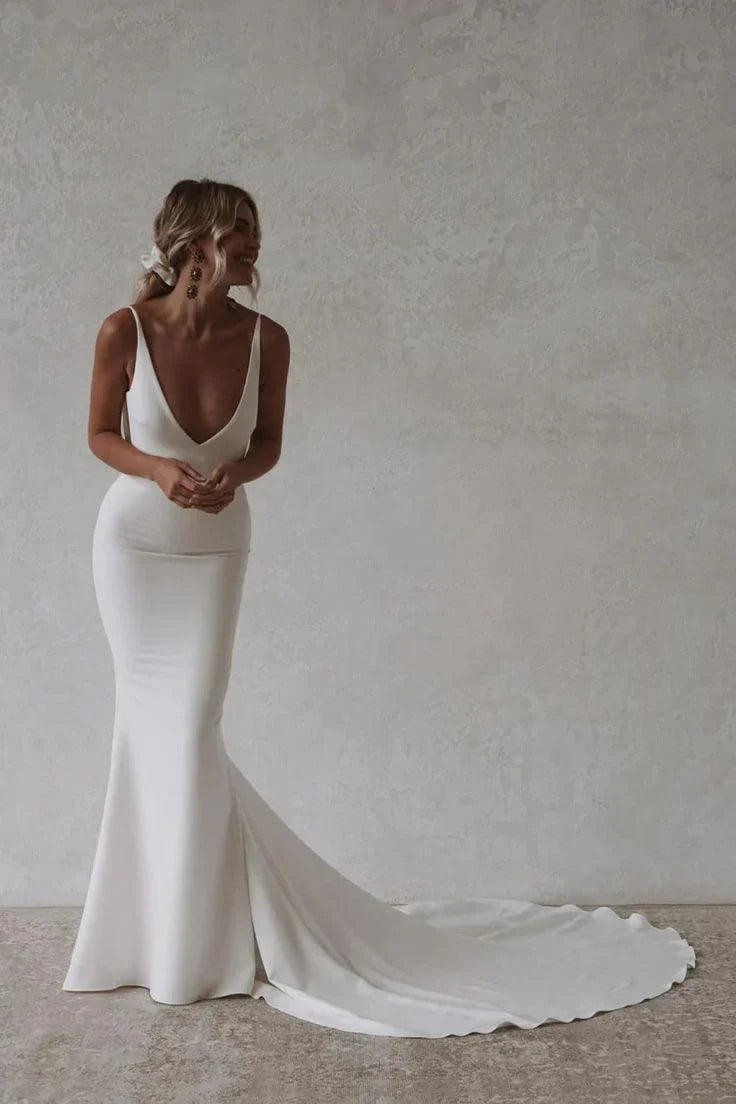 Formal Women's Dresses Mermaid Beach Wedding Dress Sexy Deep V-neck Backless Bride Gown/ Prom Dress Shop