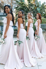 Formal Women's Dresses/Mermaid Floor-Length Strapless Pink Bridesmaid Dresses with Train