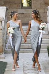 Formal Women's Dresses/One Shoulder Asymmetrical Silver Bridesmaid Dress