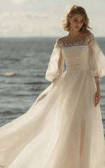 Formal Women's Dresses Puff 3-4-sleeve Scoop-neck Empire Ruched Chiffon Beach Wedding Dress with Bow