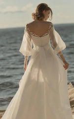 Formal Women's Dresses Puff 3-4-sleeve Scoop-neck Empire Ruched Chiffon Beach Wedding Dress with Bow