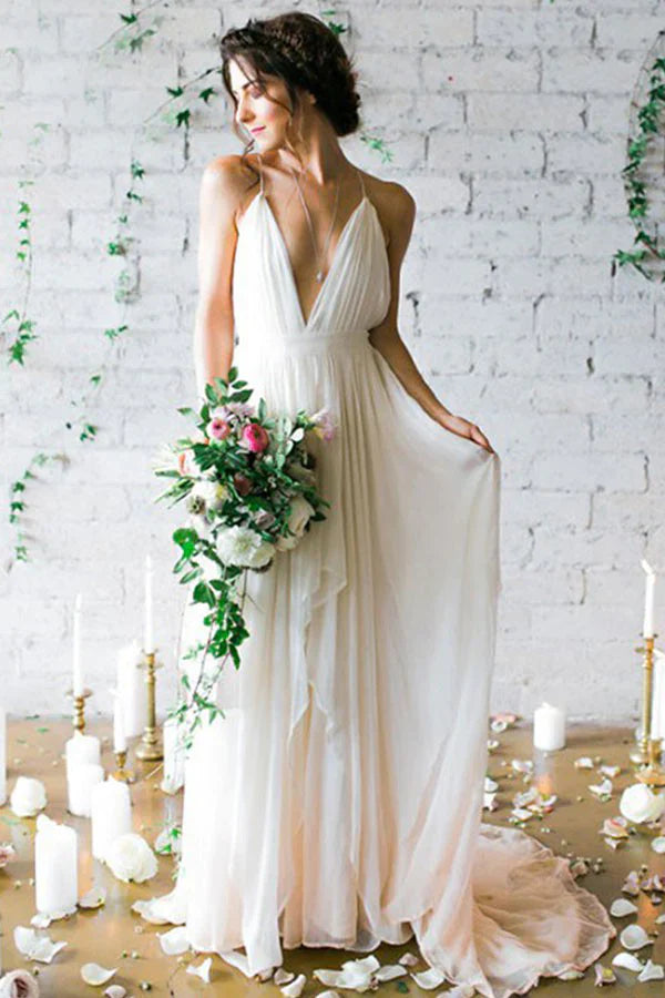 Formal Women's Dresses Sexy A-Line Deep V-Neck Backless Chiffon Boho Wedding Dresses with Pleats / Prom Dress Shop