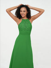 Halter Lace Top and Chiffon Open Back Dresses Green