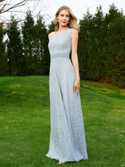 One Shoulder Floor Length Lace Bridesmaid Gown Dusty Blue