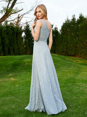 One Shoulder Floor Length Lace Bridesmaid Gown Dusty Blue