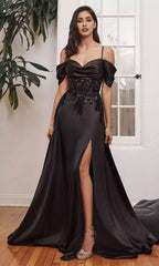 Fresh and elegant off shoulder long A-line embroidered tight corset with lace decals showcasing graceful figure Prom Dresses
