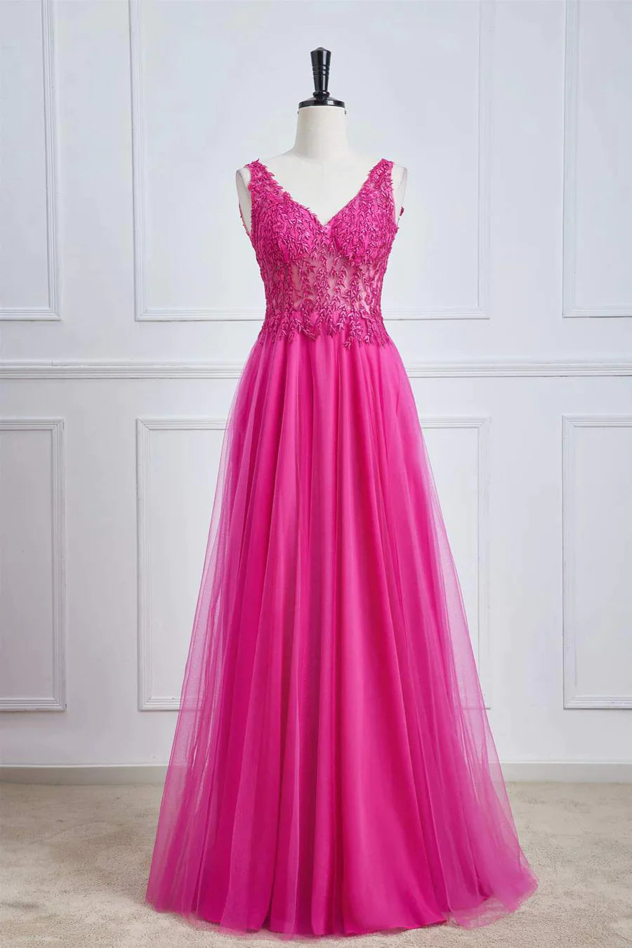 Fuchsia A-line Long Prom Dress Plunging V Neck Floral