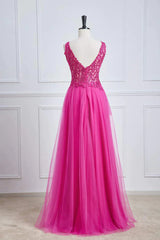 Fuchsia A-line Long Prom Dress Plunging V Neck Floral