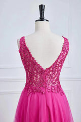 Fuchsia A-line Long Prom Dress Plunging V Neck Floral