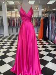 Fuchsia Long Prom Dresses V Neck Sleeveless Evening Gown UK Spaghetti Straps