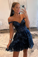Fuchsia Off The Shoulder Lace Homecoming Dresses, Ruffle Party Gown, AST1040