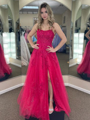 Fuchsia Pink Long Lace Prom Dresses, Backless Pink Long Lace Formal Evening Dresses