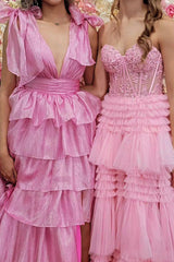 Fuchsia Princess Deep V Neck A Line Long Prom Dress with Ruffles