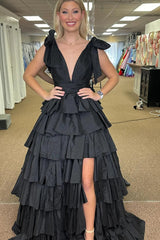 Fuchsia Princess Deep V Neck A Line Long Prom Dress with Ruffles