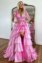Fuchsia Princess Deep V Neck A Line Long Prom Dress with Ruffles