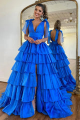 Fuchsia Princess Deep V Neck A Line Long Prom Dress with Ruffles