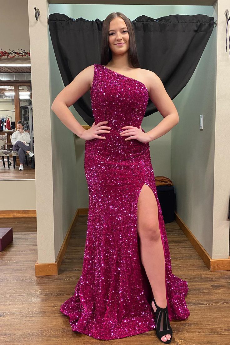 Fuchsia Sequin Prom Dress Long Mermaid Formal Dress One Shoulder