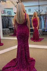 Fuchsia Sequin Prom Dress Long Mermaid Formal Dress One Shoulder
