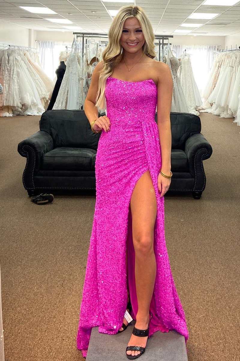 Fuchsia Sequins Long Prom Dresses 2024 Strapless Lace-Up Back with Slit
