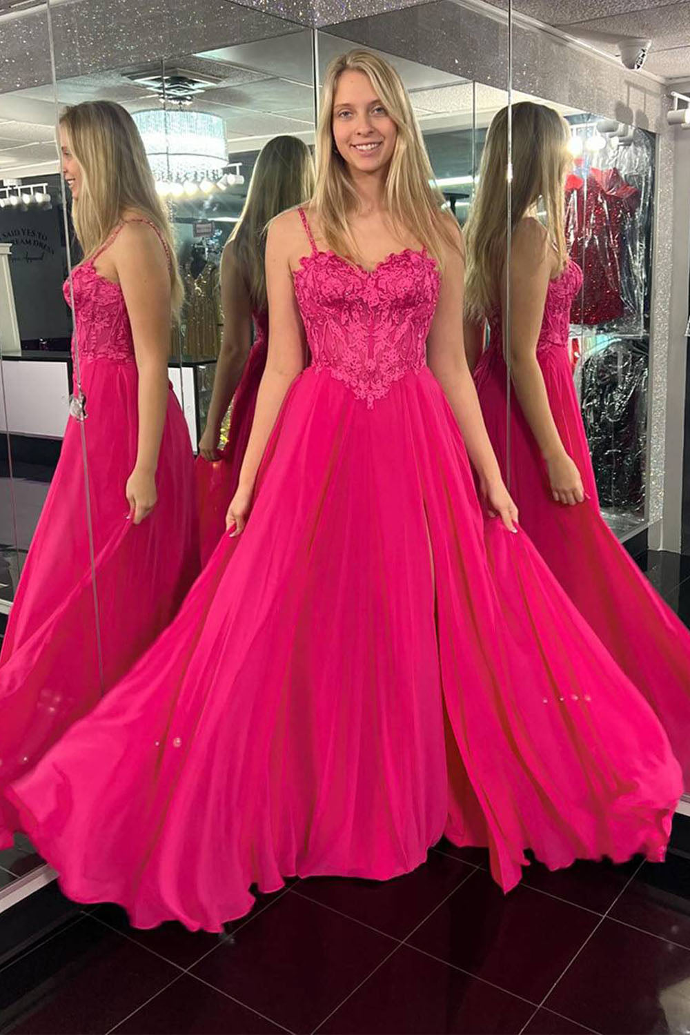 Fuchsia Spaghetti Straps A-Line Tulle Long Prom Dress with Appliques