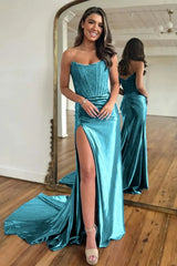 Fuchsia Strapless Corset Mermaid Long Satin Prom Dress
