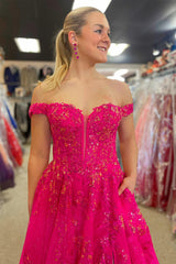 Fuchsia Tulle Off the Shoulder A-Line Applique Long Prom Dress