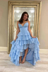 Fuchsia V-Neck Straps Ruffle Chiffon Prom Dress with Slit TP1278