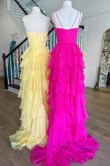 Fuchsia V-Neck Straps Ruffle Chiffon Prom Dress with Slit TP1278