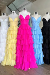 Fuchsia V-Neck Straps Ruffle Chiffon Prom Dress with Slit TP1278