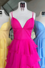 Fuchsia V-Neck Straps Ruffle Chiffon Prom Dress with Slit TP1278