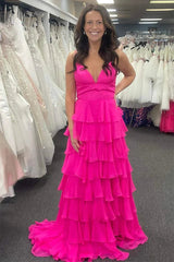 Fuchsia V-Neck Straps Ruffle Chiffon Prom Dress with Slit TP1278