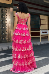 A-Line Off The Shoulder Sparkly Sequin Tiered Prom Dress Floor Length With Slit Sexy