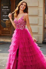 Fuchsia A-Line Spaghetti Straps Tiered Long Prom Dress With Slit V-neck Sexy