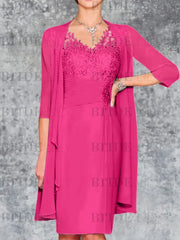 Two Piece Ruffle Chiffon Mother of the Bride Outfit Lace Short Wedding Guest Dress
