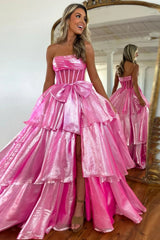 Fuchsia Strapless A-Line Organza Long Corset Prom Dress with Bow