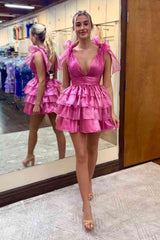 Plunging V-Neck Royal Blue Bow Straps Ruffle Homecoming Dress