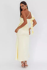 Full of charm, satin with extra long shoulder and leg slits, hidden side zipper with ruffle edge Prom Dresses